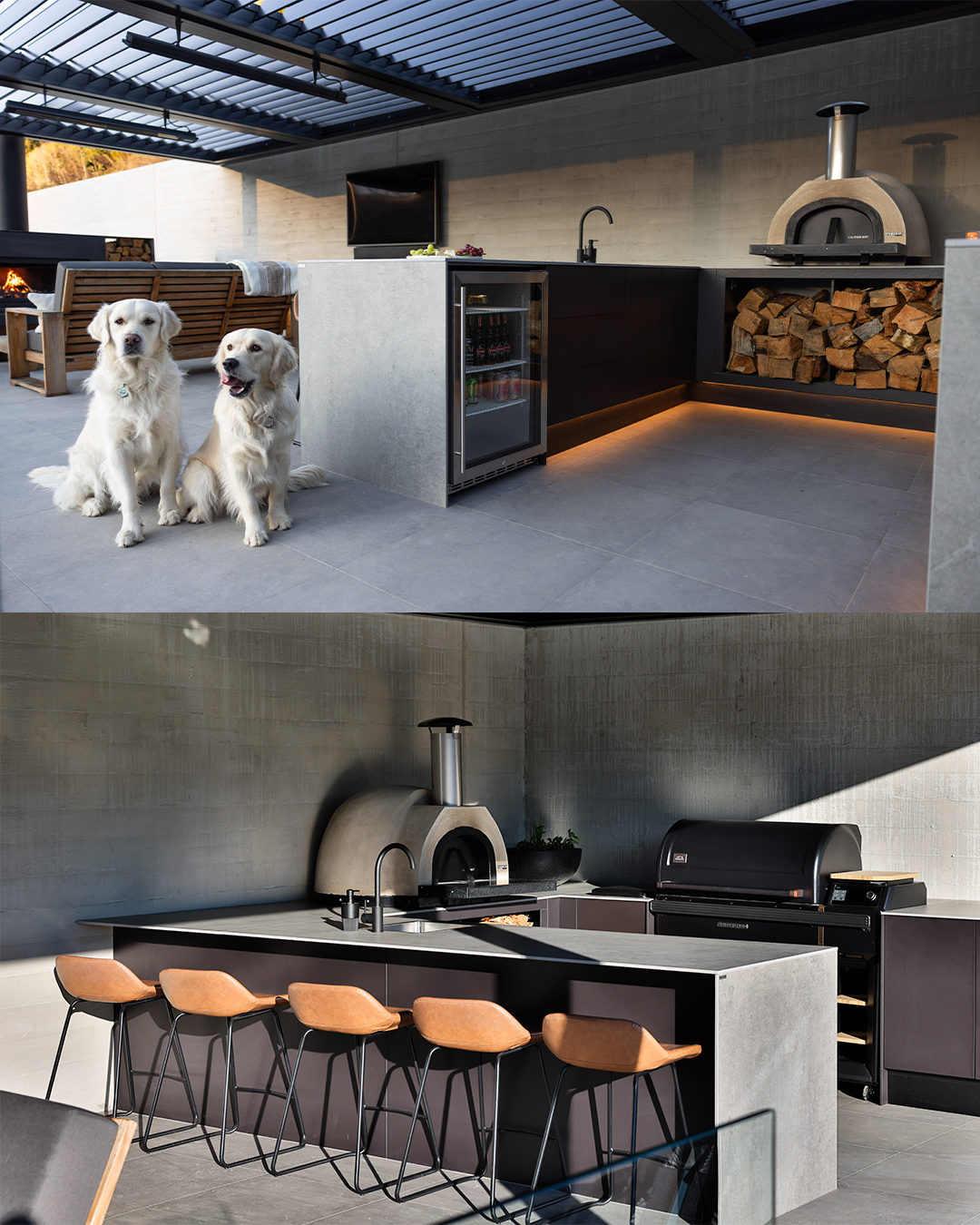 Custom kitchen design by Wild Kitchens, featuring a Wood Fired Ovens Bambino Elite pizza oven, and a Burton fireplace in the adjacent area.