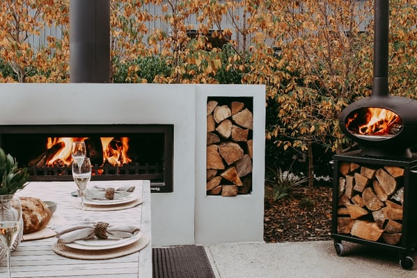 burton outdoor fireplace closeup of the 600mm GRC woodbox